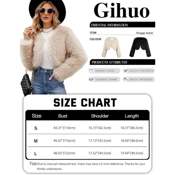 Women's Apricot Gihuo Cropped Faux Fur Coat Open Front Fleece Winter Jacket - Picture 7 of 7